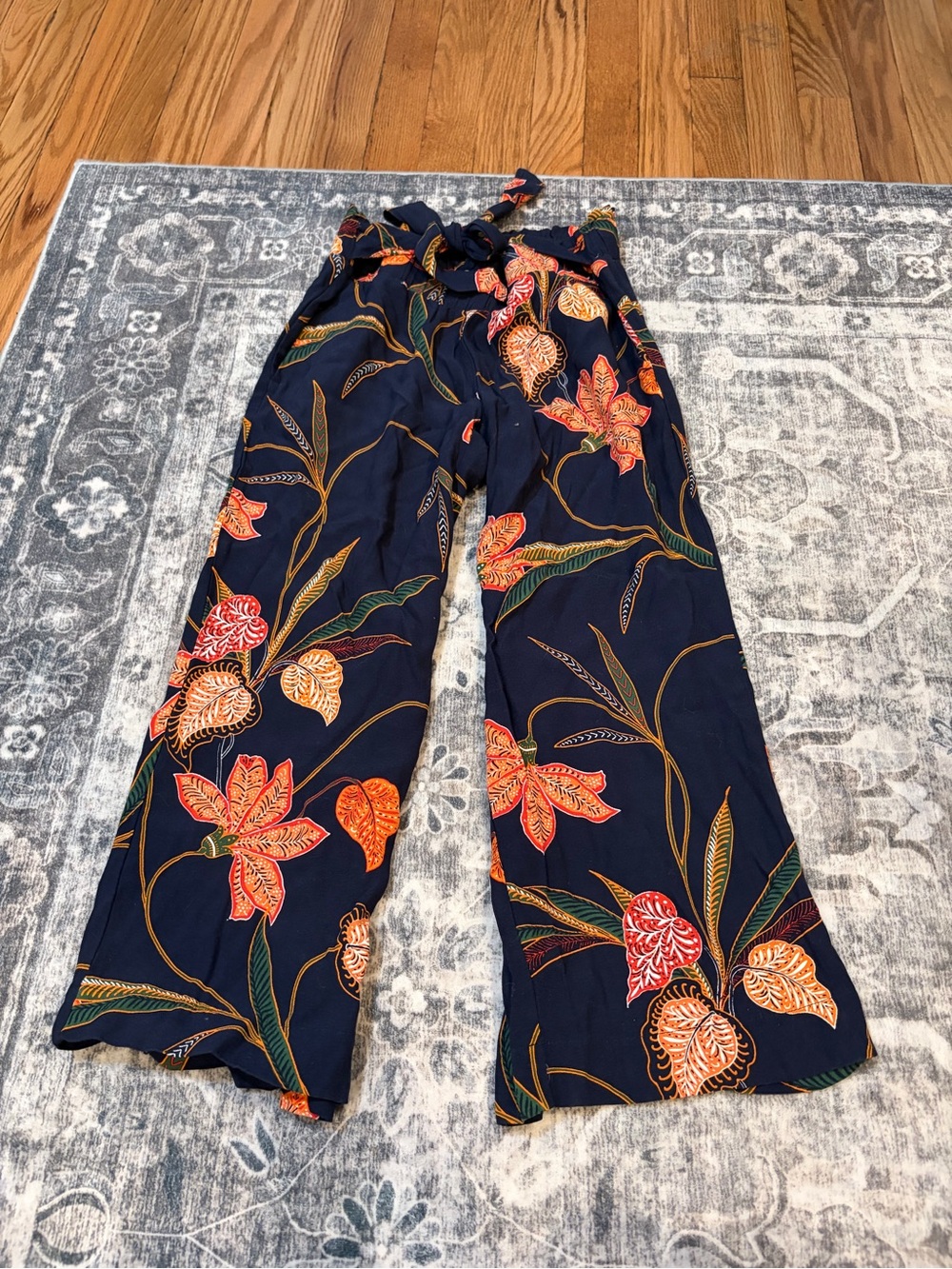 LOFT Navy Floral Wide-Leg Tie-Waist Pants